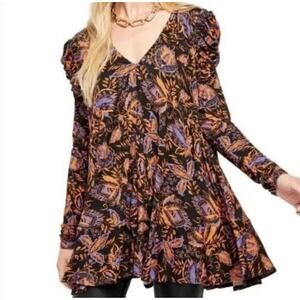 Free people Oversized Tunic Mini Dress Women's Small Black Orange Noir Combo NWT